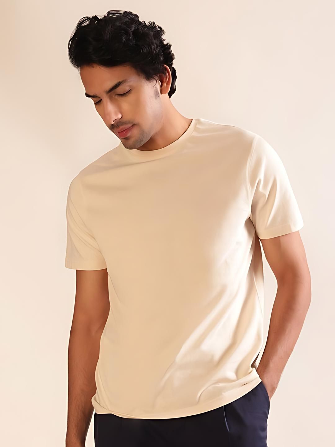 Beige Plain Round Neck T-Shirt