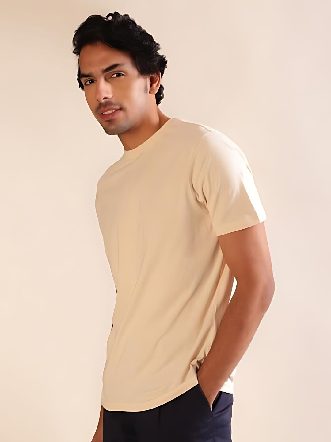 Beige Plain Round Neck T-Shirt