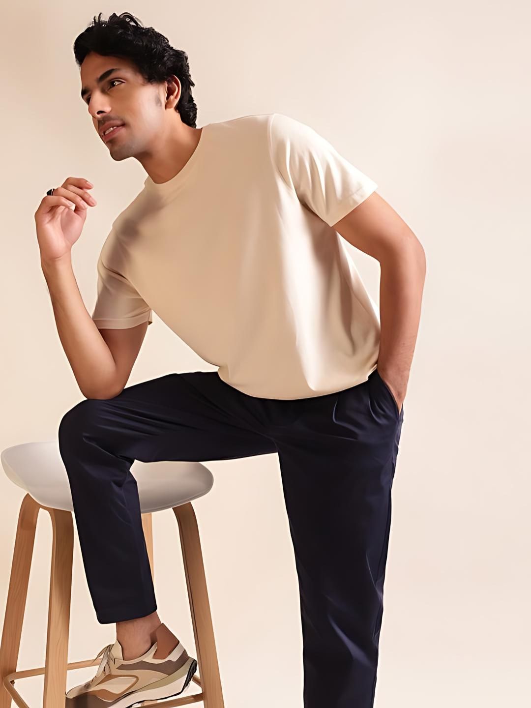 Beige Plain Round Neck T-Shirt