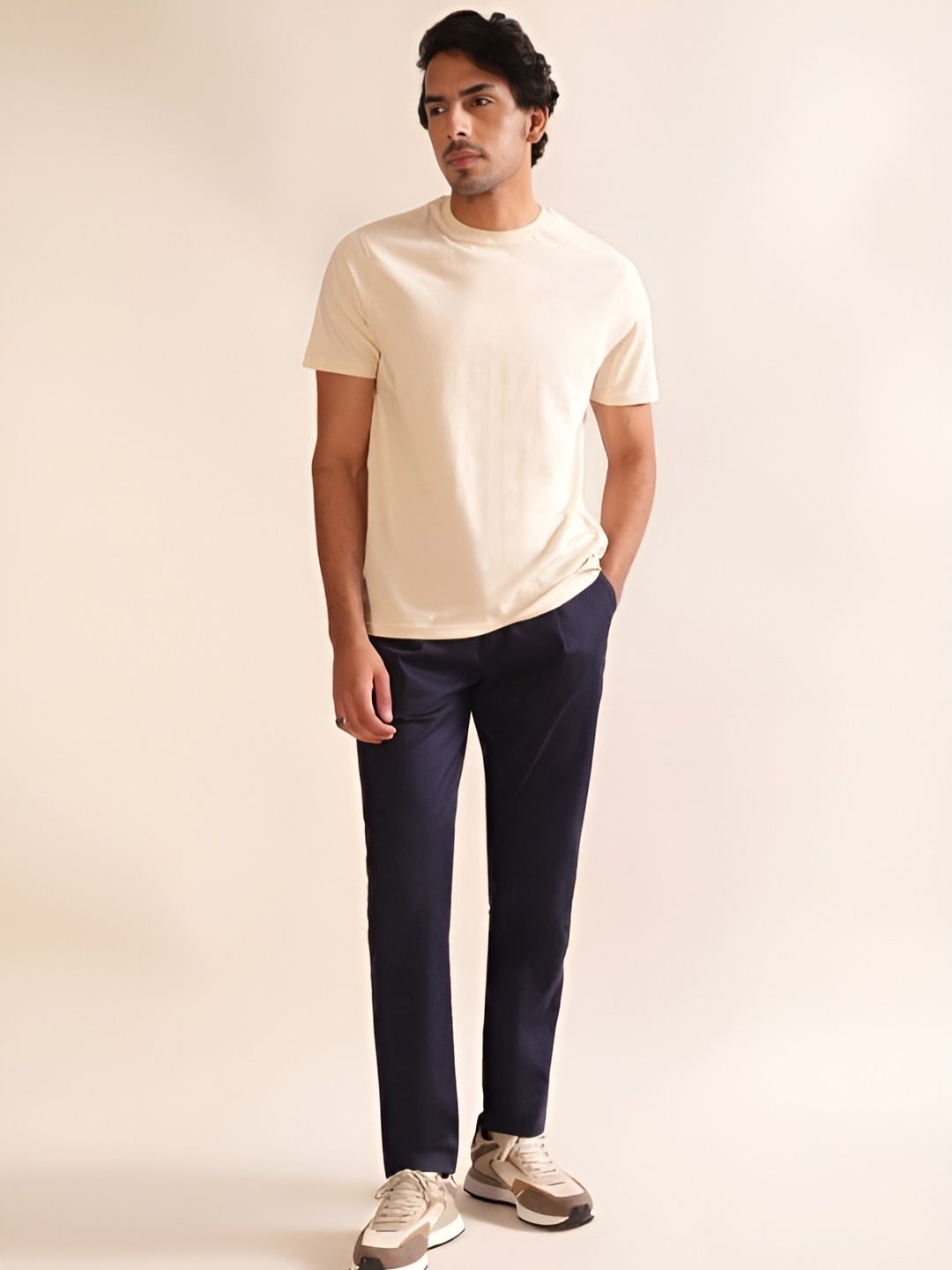 Beige Plain Round Neck T-Shirt