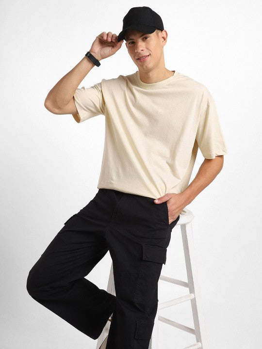 Beige Plain Oversized T-Shirt For Men